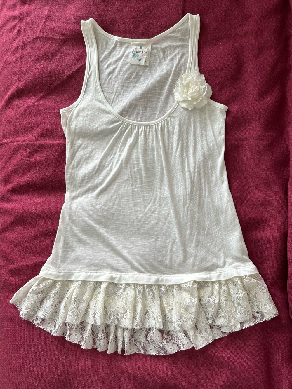 Thread White Tank with Lace Hem and Floral Accent